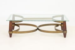 Hollywood Regency Style Vintage Brass, Glass, and Wood Coffee Table