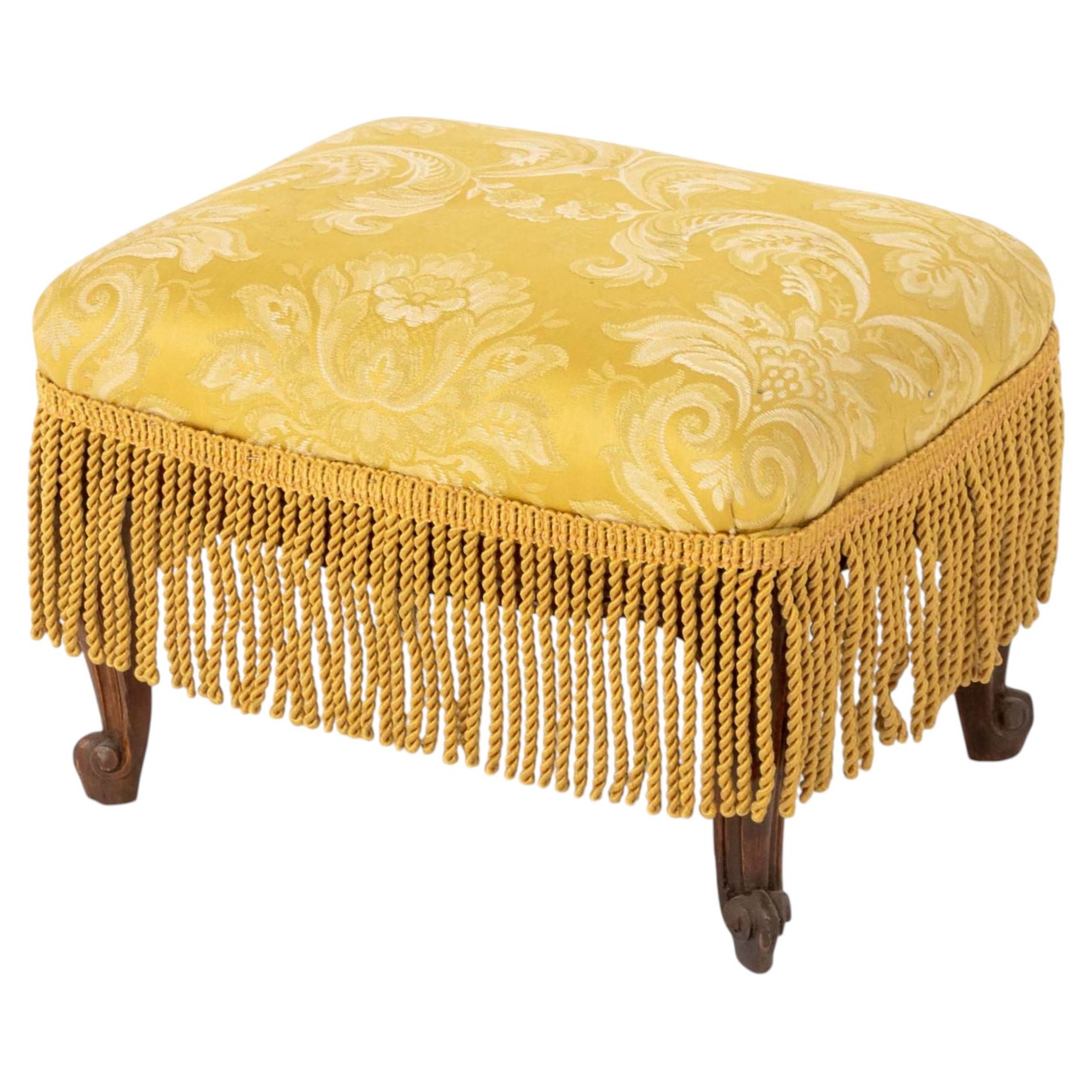 Louis XV Style Yellow Damask Upholstered Ottoman with Fringe Tassels For Sale