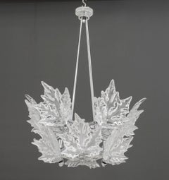 Lalique Champs-Elysees Crystal Leaf Motif and Chrome Two-Tier Chandelier