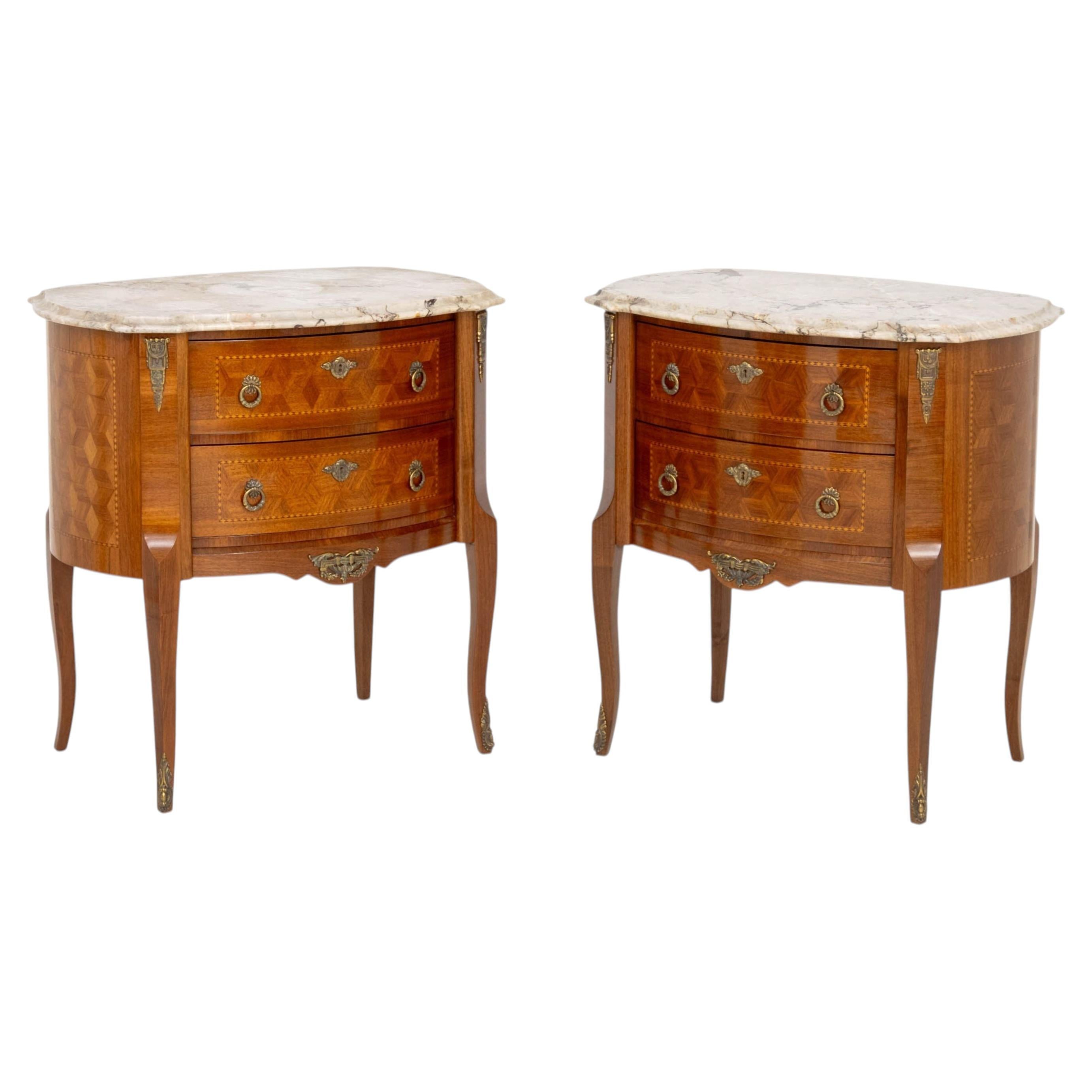 Pair of Louis XV Style Parquetry Commodes with Marble Top
