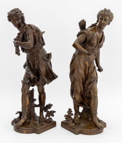 "Actaeon" & "Artemis" Patinated Bronze Sculptures, 19th Century