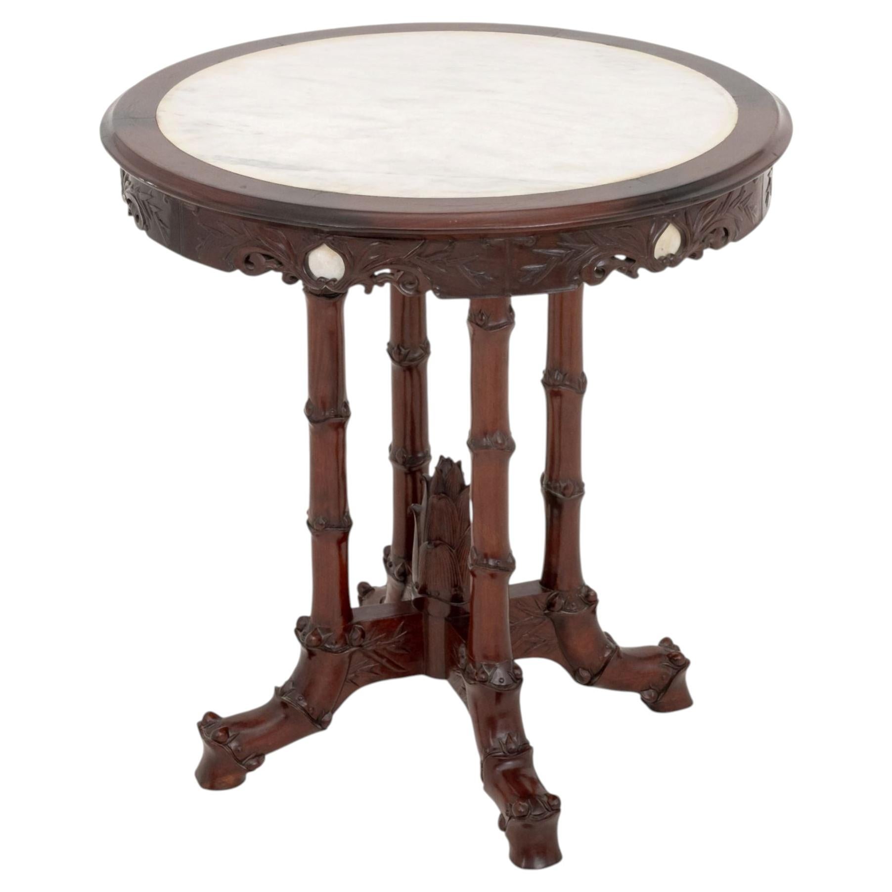 Victorian Chinoiserie Style Mahogany Center Table with Alabaster Inset Top For Sale
