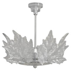 Lalique Champs-Elysees Crystal Leaf Motif and Chrome Two-Tier Chandelier