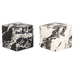 Pair of Unison Black Marble Upholstered Cube Ottomans