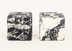 Pair of Unison Black Marble Upholstered Cube Ottomans