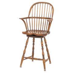 Vintage Windsor Style Oak Carved Swivel Seat Bar Stool