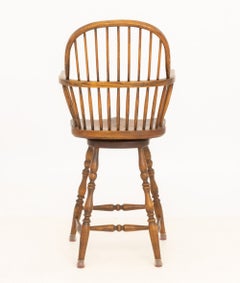 Vintage Windsor Style Oak Carved Swivel Seat Bar Stool