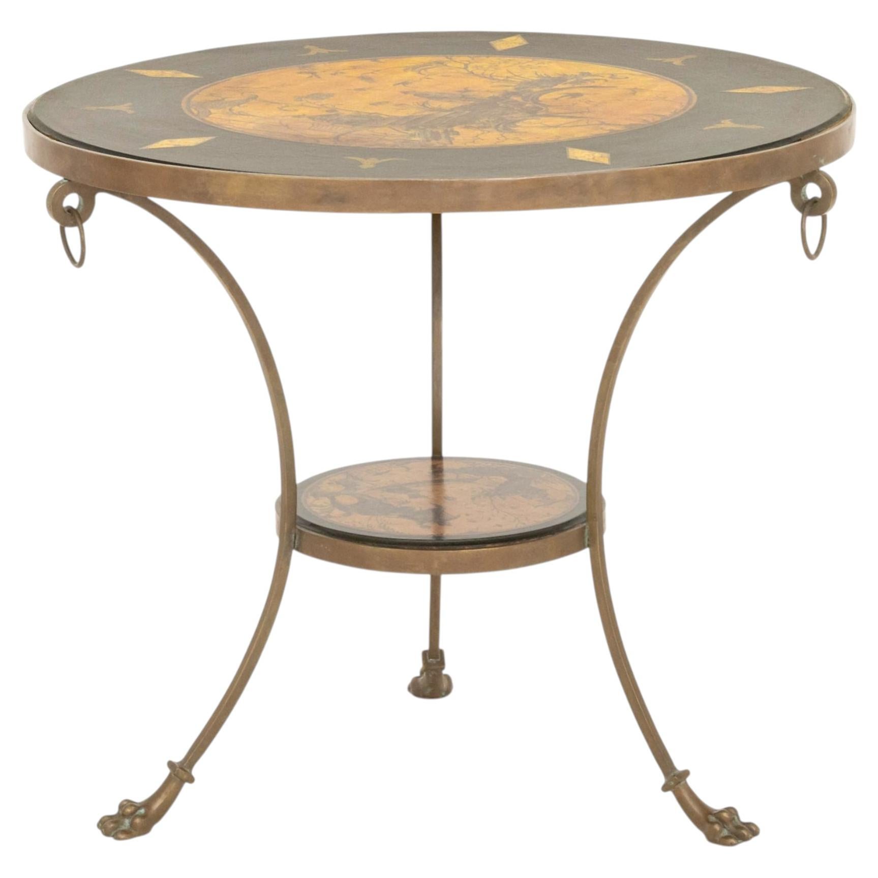 Sarreid Ltd. Chinoiserie Brass Gueridon Table with Ebonized and Decoupage Top For Sale