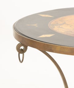 Sarreid Ltd. Chinoiserie Brass Gueridon Table with Ebonized and Decoupage Top