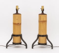 Pair of Modern Bamboo Stalk Table Lamps with Wrought Iron Tripod Base