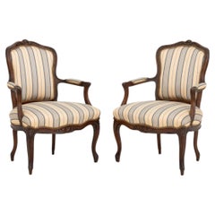 Pair of Louis XV Style Walnut Striped Linen Upholstered Fauteuils