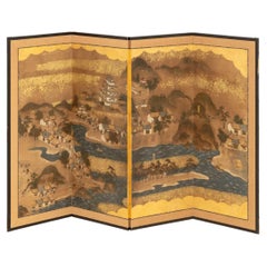 Japanese Village Landscape Scene Byobu Screen, 19th Century