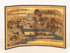 Japanese Village Landscape Scene Byobu Screen, 19th Century
