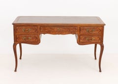 Louis XV Style Walnut Writing Desk With Tan Leather Inset Top