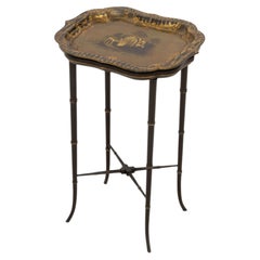 Victorian Papier Mache Hand-Painted Tray Top Faux Bamboo Table