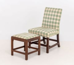 Sage Green and Off-White Linen Upholstered Wood Slipper Chair and Ottoman