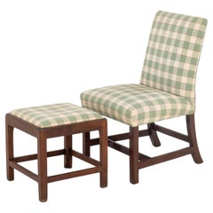 Sage Green and Off-White Linen Upholstered Wood Slipper Chair and Ottoman