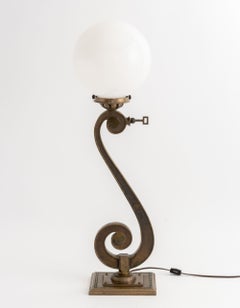Art Deco Bronze Scroll Form Lamp With Glass Ball Form Shade