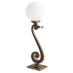Art Deco Bronze Scroll Form Lamp With Glass Ball Form Shade