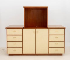 Vintage Mid-Century Modern Wicker and Walnut TV Cabinet