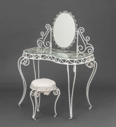 Modern White Painted Wrought Iron Serpentine Vanity and Stool