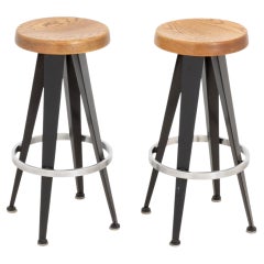 Pair of After Jean Prouve Circular Oak Seat Bar Stools