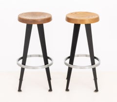 Pair of After Jean Prouve Circular Oak Seat Bar Stools