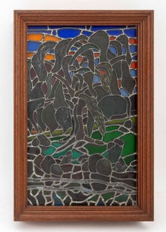 Modern WIllow Tree Landscape Electrified Stained Glass Panel