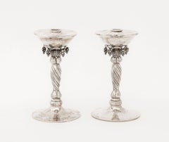 Pair of Michael Strauss Hammered Sterling Silver Grapevine Motif Candlesticks