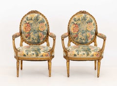 Pair of Louis XVI Style Tapestry Upholstered Giltwood Fauteuils