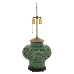 Chinese Spinach Jade Green Glazed Ceramic Pierced Vase Mounted as a Table Lamp