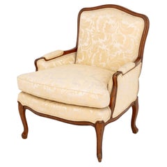 Louis XV Style White Silk Damask Upholstered Walnut Bergere