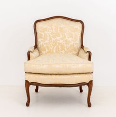 Louis XV Style White Silk Damask Upholstered Walnut Bergere