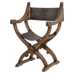 Renaissance Revival Walnut Carved Foliate Pattern Savonarola Chair