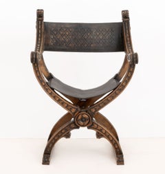 Renaissance Revival Walnut Carved Foliate Pattern Savonarola Chair