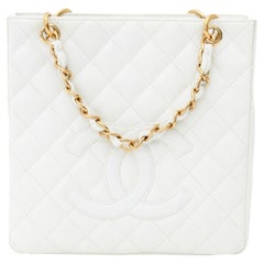 Chanel White Quilted Caviar Leather Petite Tote Bag