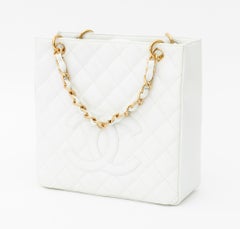 Chanel White Quilted Caviar Leather Petite Tote Bag