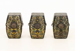 Set of Three Chinese Export Dragon & Phoenix Motif Black Lacquered Stools