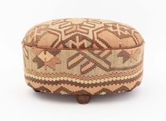 Oval Kilim Upholstered Footstool on Wood Form Feet