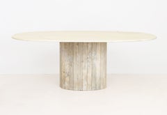 Modern White Veined Marble Oval Top Dining Table with Reeded Base