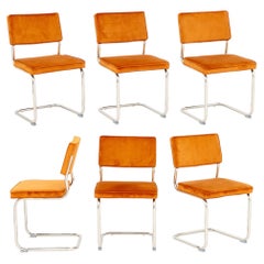 Knoll Style Chrome and Burnt Orange Velvet Upholstered Chairs, 6