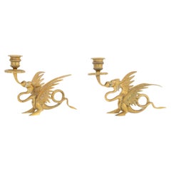 Paire de bougeoirs vintage en bronze en forme de dragon