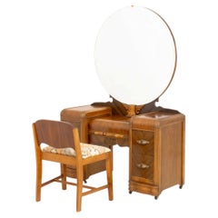 American Art Deco Mirrored Marquetry Inlaid Walnut Vanity and Chair