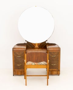 American Art Deco Mirrored Marquetry Inlaid Walnut Vanity and Chair