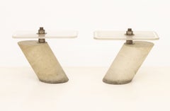 Pair of Brutalist Industrial Concrete Side Tables with Frosted Acrylic Top