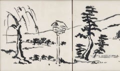 Carrie Robbins Set of Four Japanese Landscape Scene with Pagoda Tiles, 1958