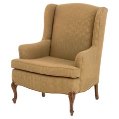 Queen Anne Style Beige Plaid Upholstered Wingback Arm Chair
