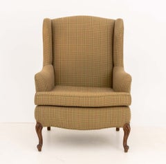 Queen Anne Style Beige Plaid Upholstered Wingback Arm Chair