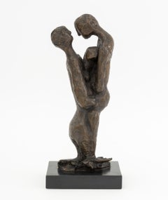Illegibly Signed Family Embrace Vintage Bronze Sculpture