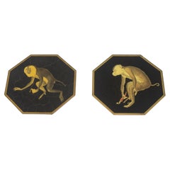 Two Monkey Decoupage Reverse Painted Octagonal Glass Plates